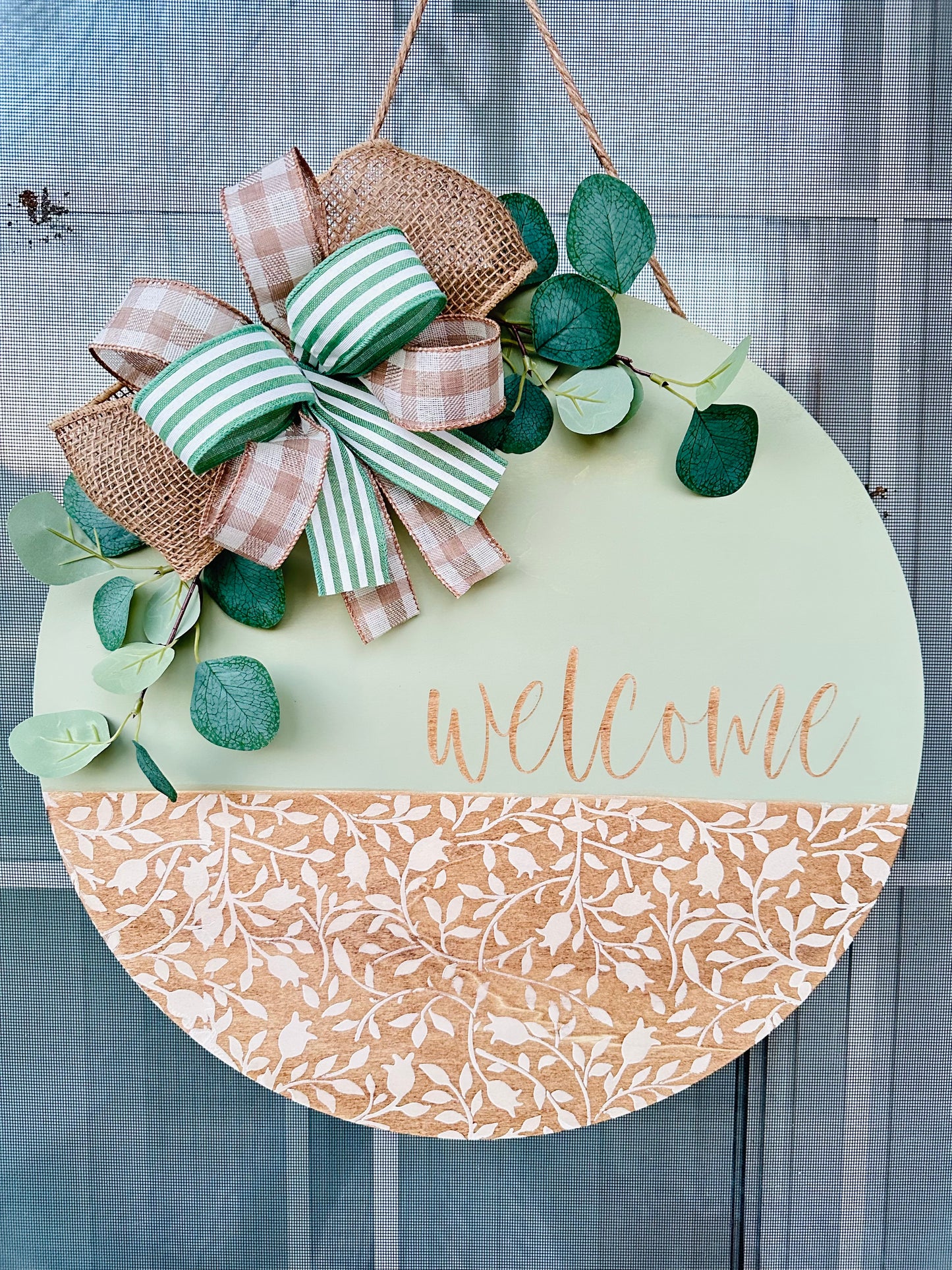 19” Sage Floral Stained Wooden Door Hanger
