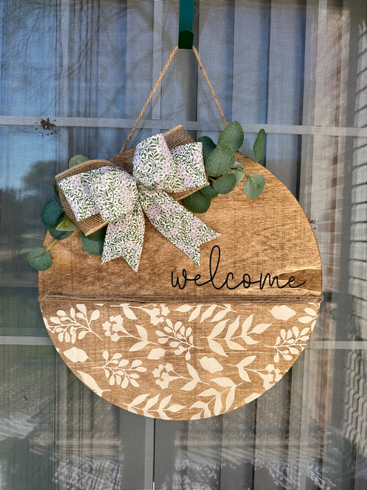 19” Welcome - Stained Wood Sign with Magnetic Bow - Spring Leaf Pattern