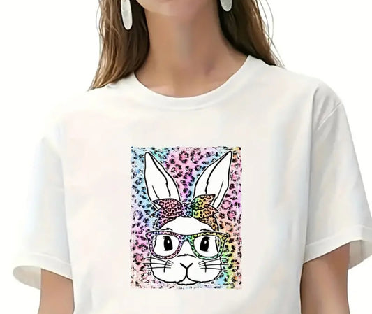 YOUTH + ADULT  Pastel Easter Bunny w/Glasses T-Shirt - Leopard