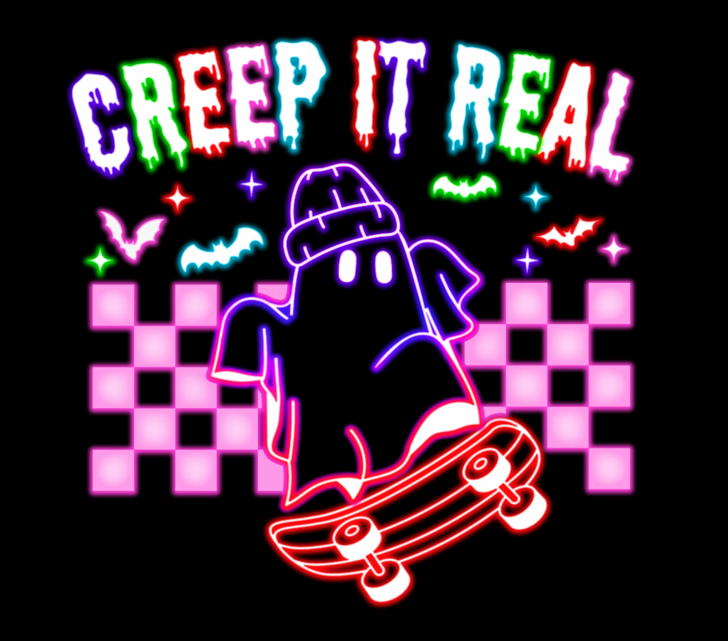 Halloween Neon T-shirt - Design 15 (Skateboard - Creep It Real)