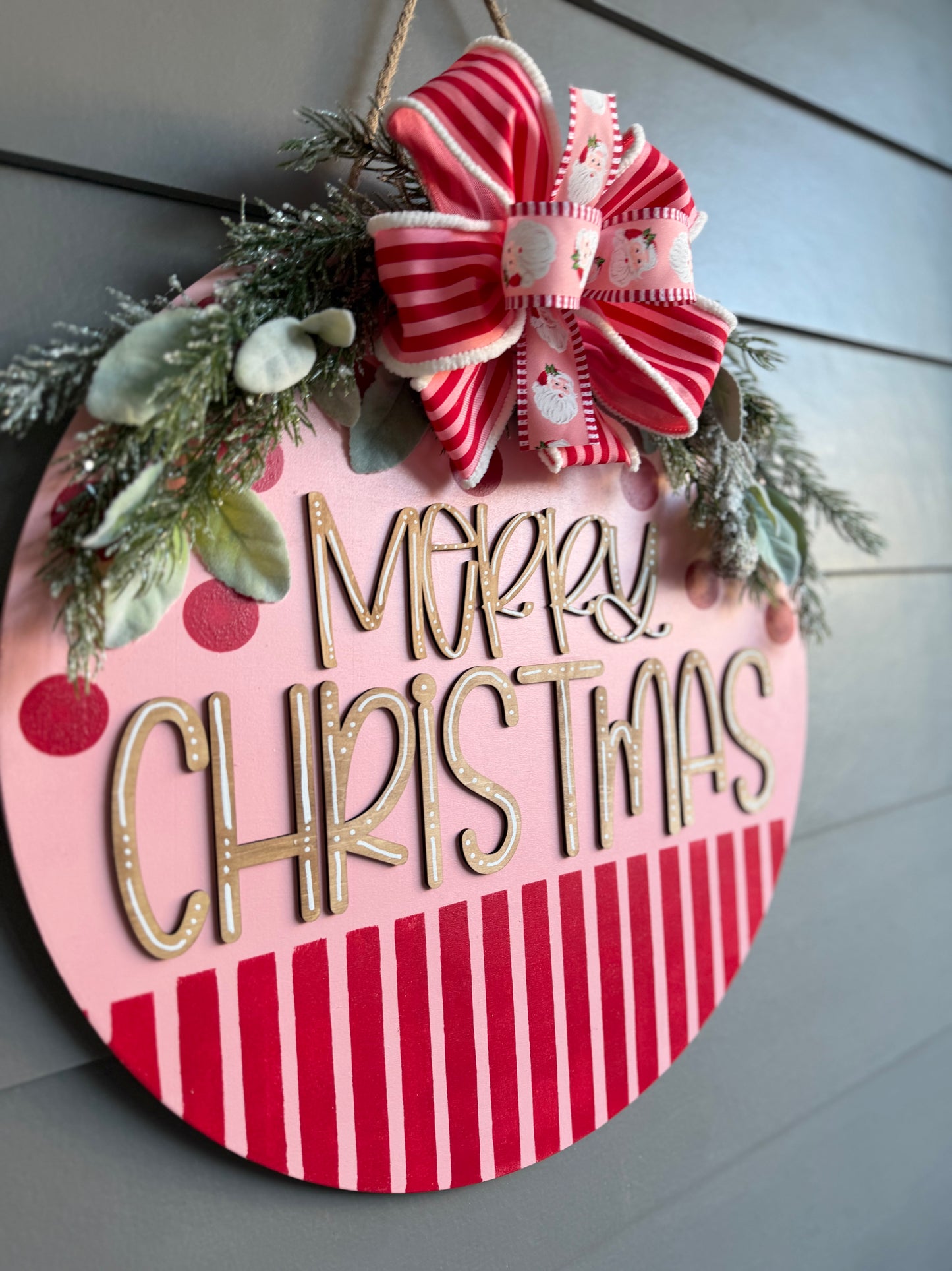 Merry Christmas Hanger - Pink Stripe/Polka Dot