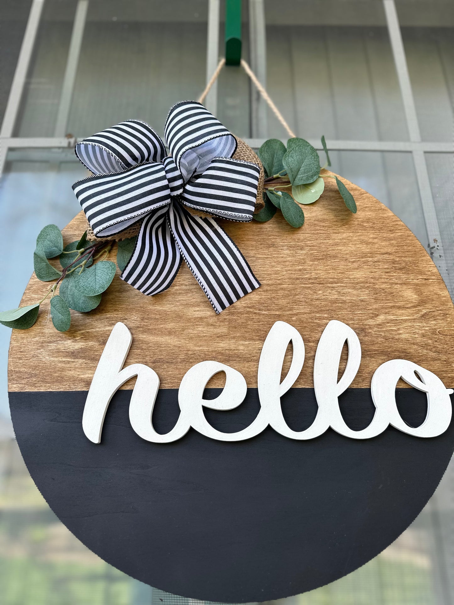 19” Hello Wood Stained Door Hanger - Striped Magnetic Bow