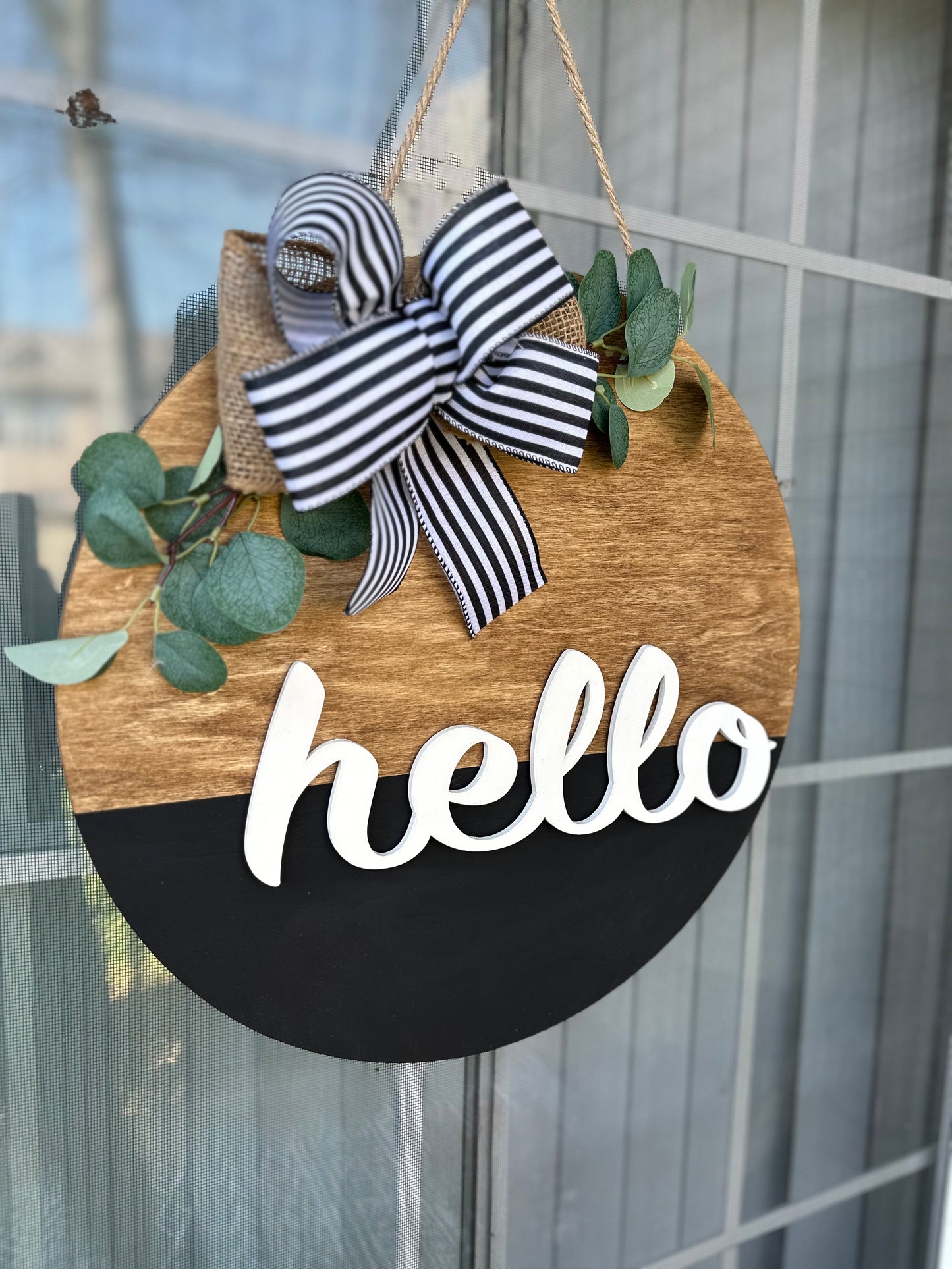 19” Hello Wood Stained Door Hanger - Striped Magnetic Bow
