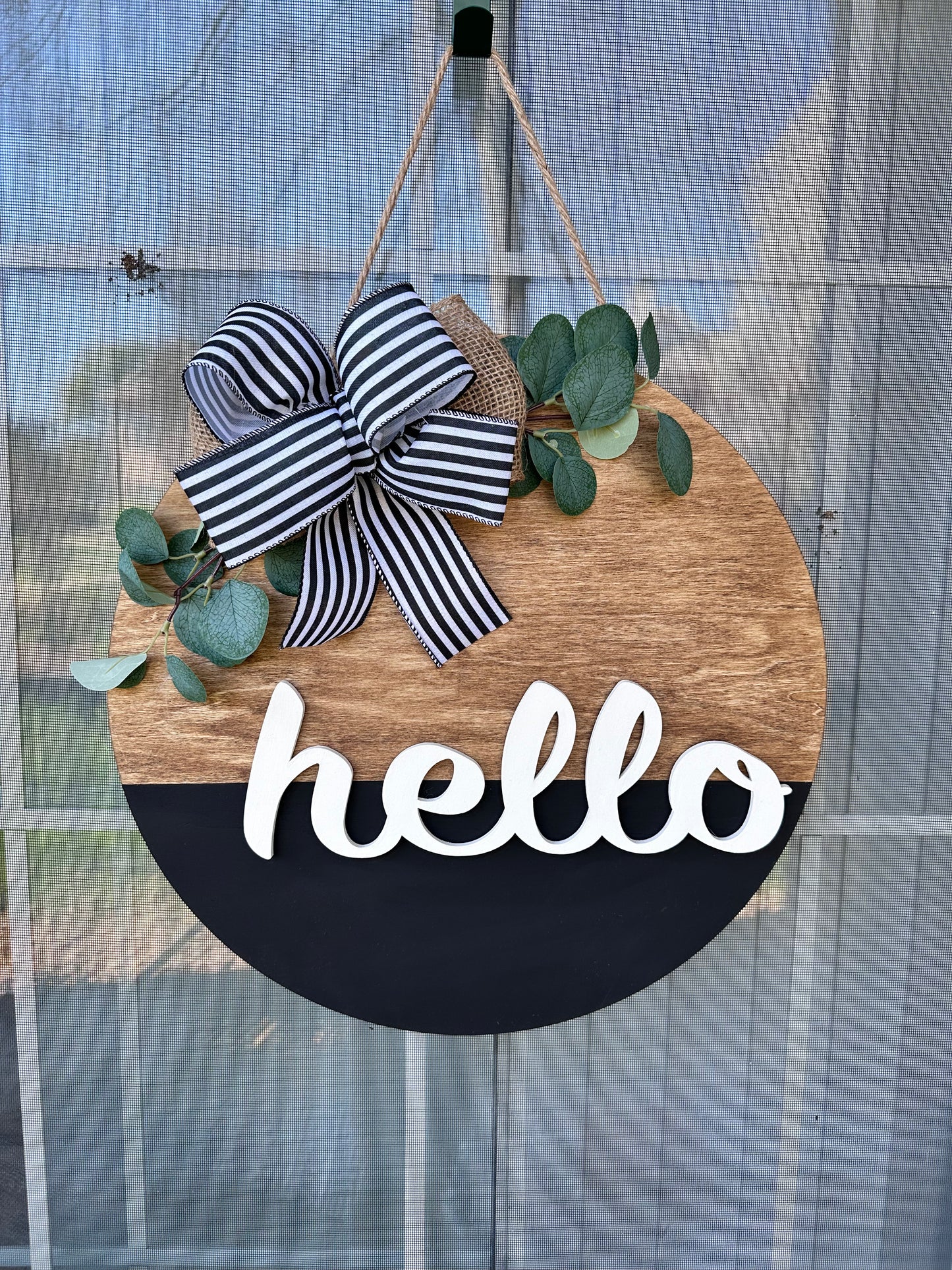 19” Hello Wood Stained Door Hanger - Striped Magnetic Bow