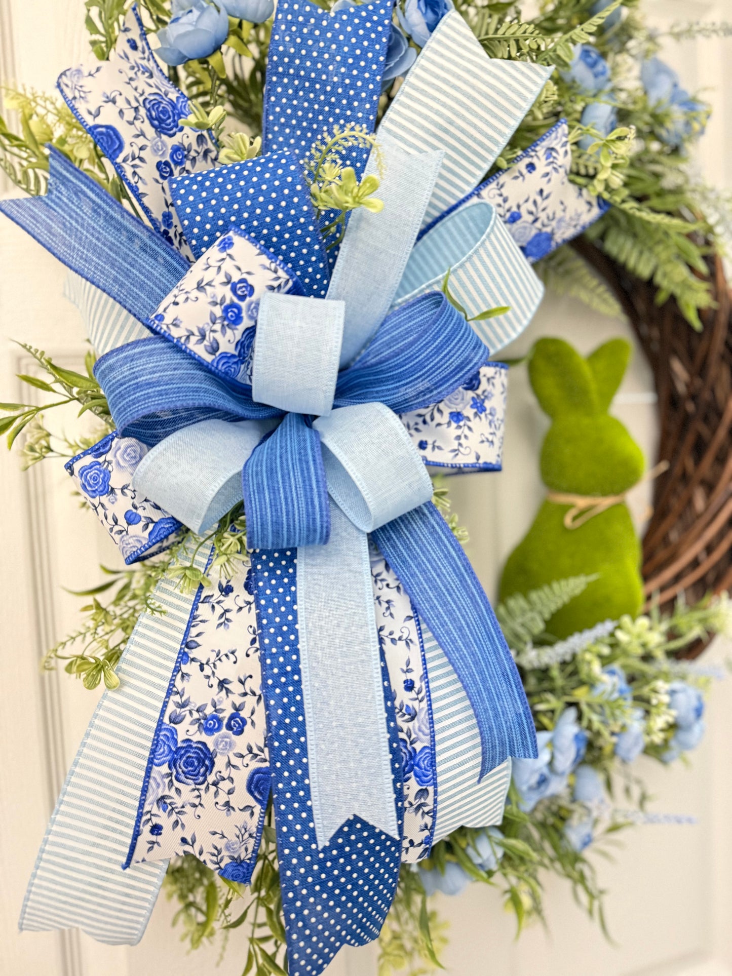 Blue and White Grapevine Wreath with Flocked Bunny