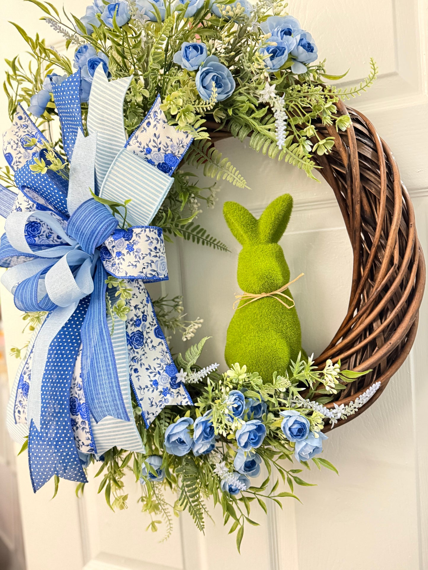 Blue and White Grapevine Wreath with Flocked Bunny