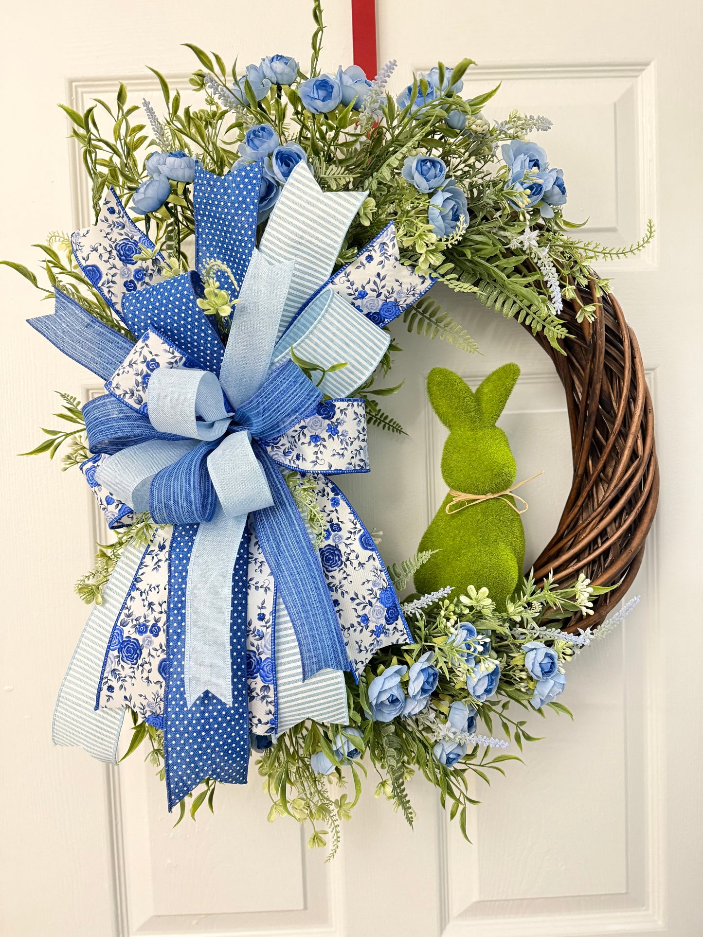 Blue and White Grapevine Wreath with Flocked Bunny