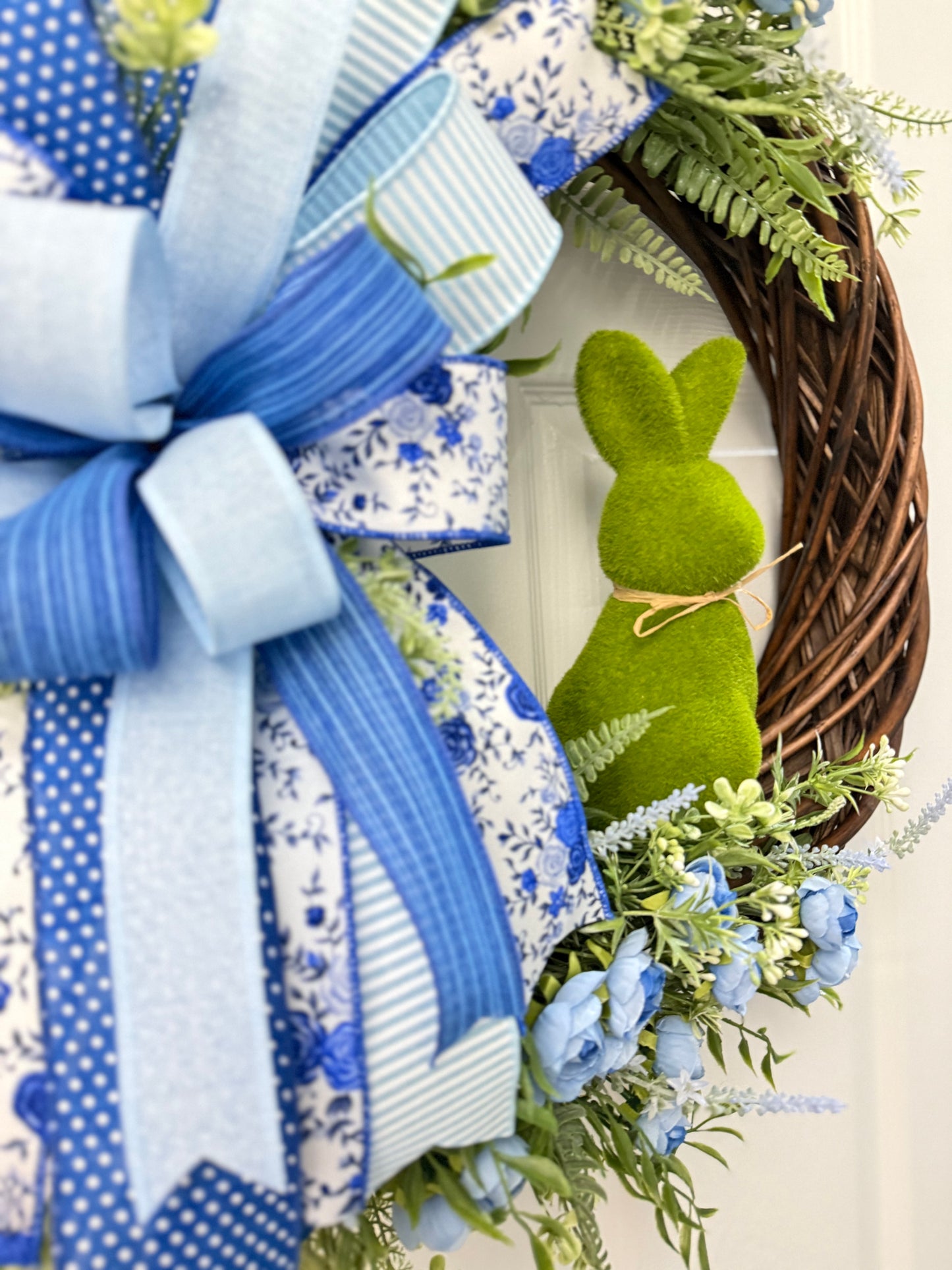 Blue and White Grapevine Wreath with Flocked Bunny