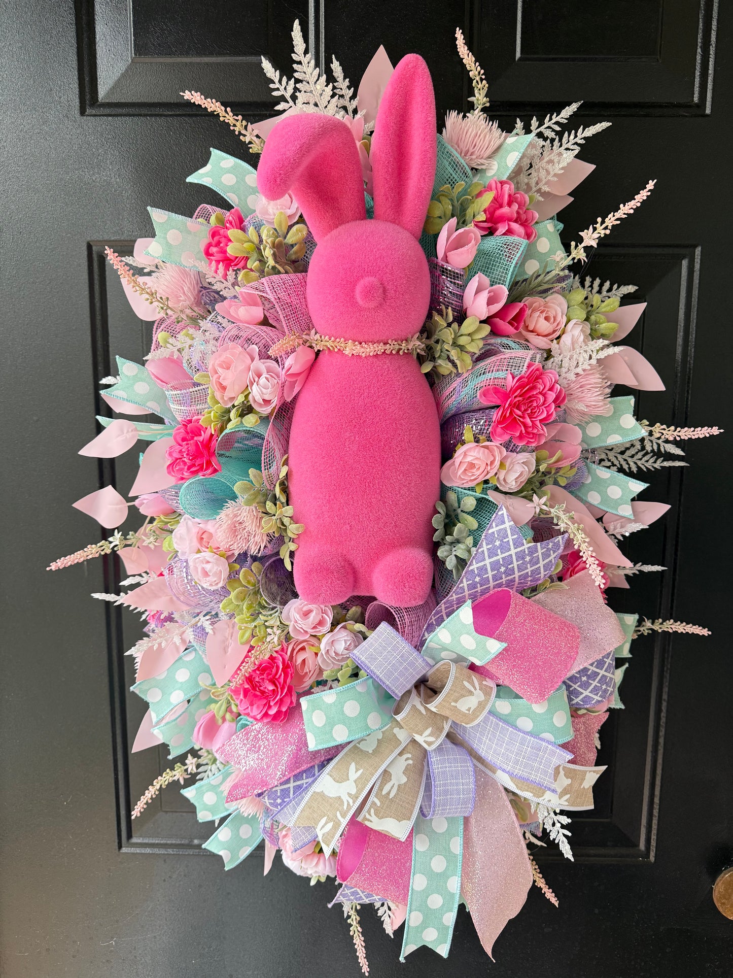Pink Flocked Bunny Floral Wreath