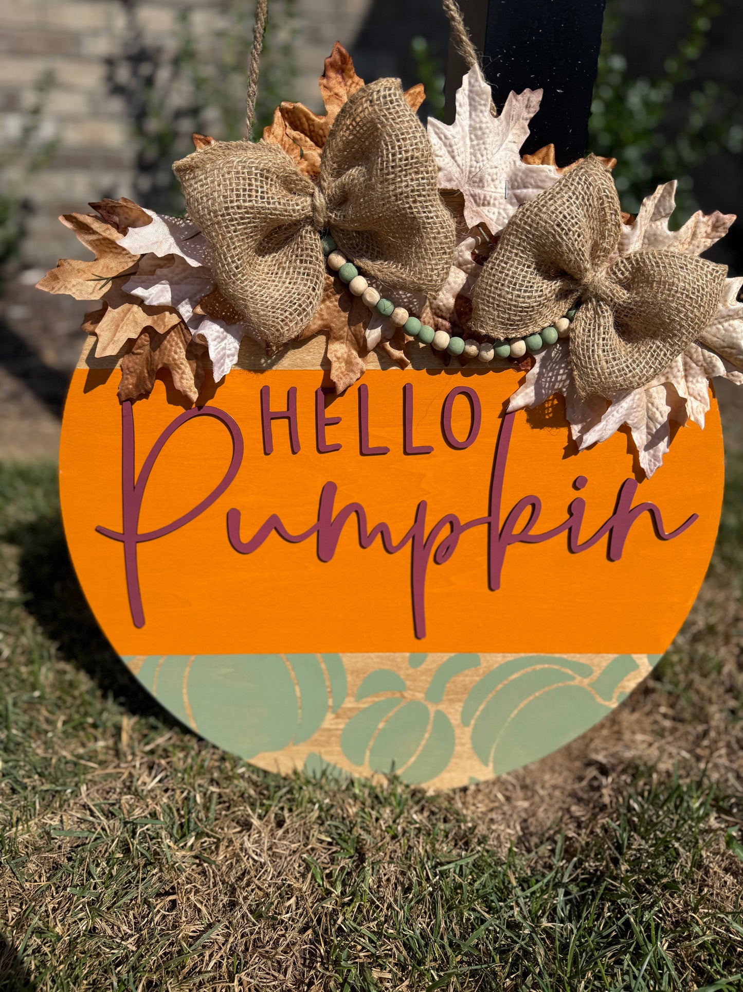 Hello Pumpkin - Green Stenciled Door Hanger
