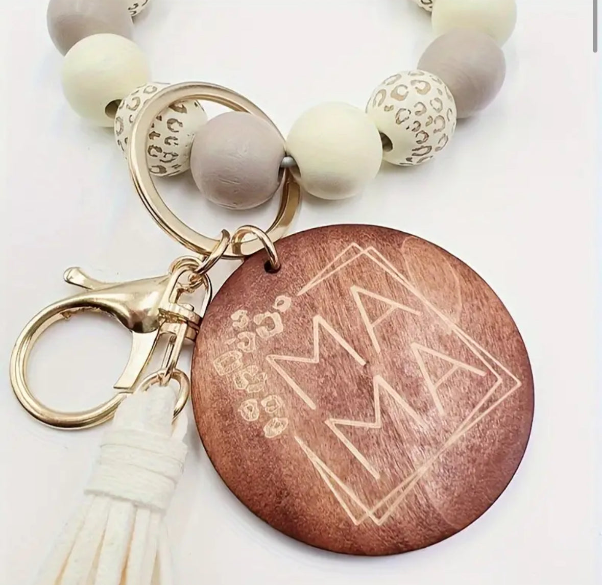 MAMA Wood Bead Wristlet Keychain - Taupe