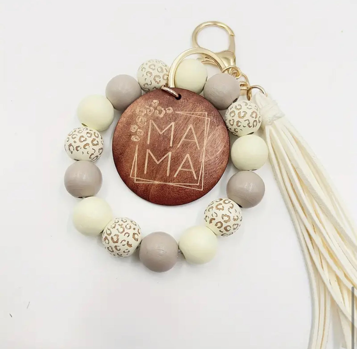 MAMA Wood Bead Wristlet Keychain - Taupe