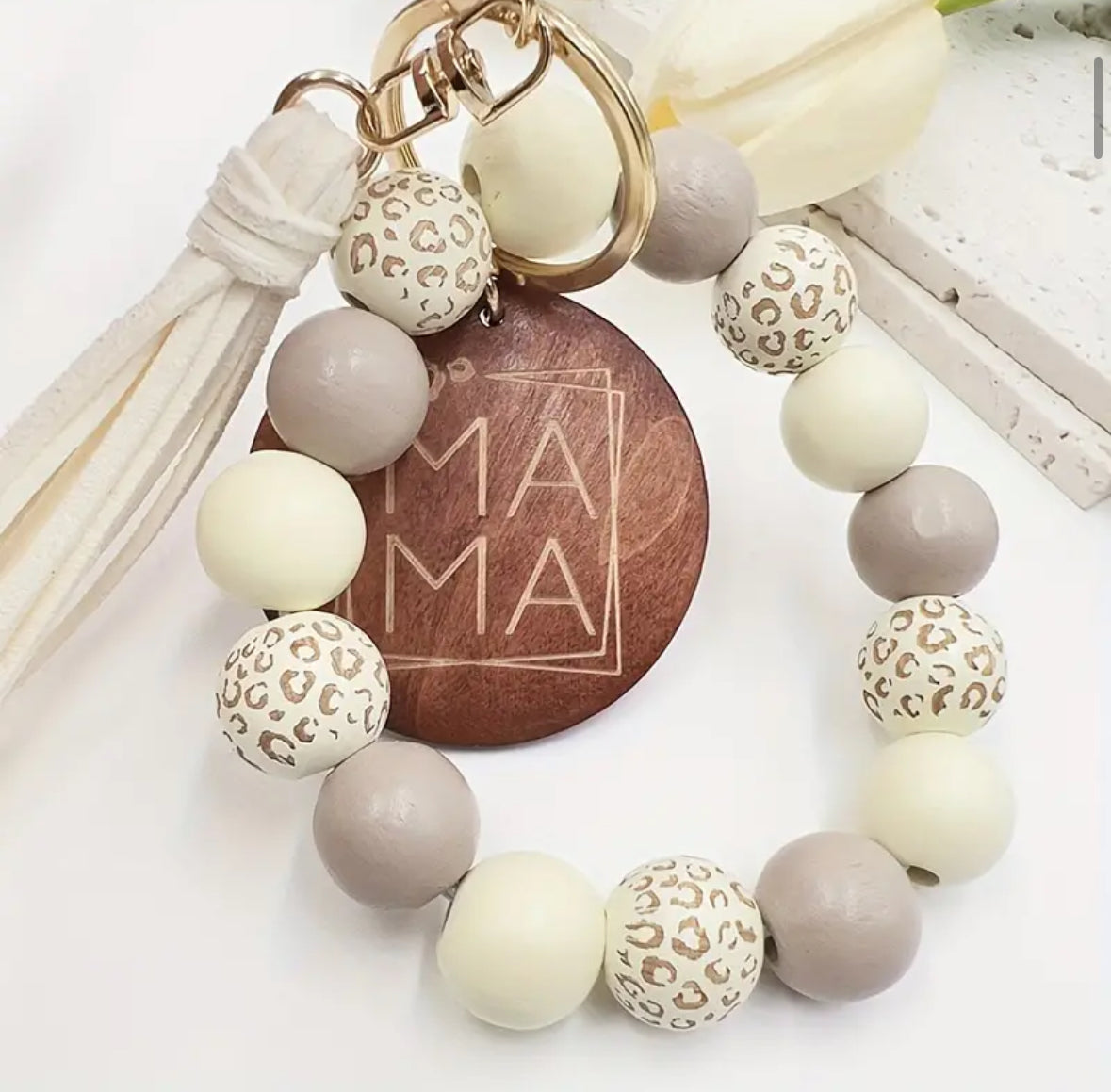 MAMA Wood Bead Wristlet Keychain - Taupe