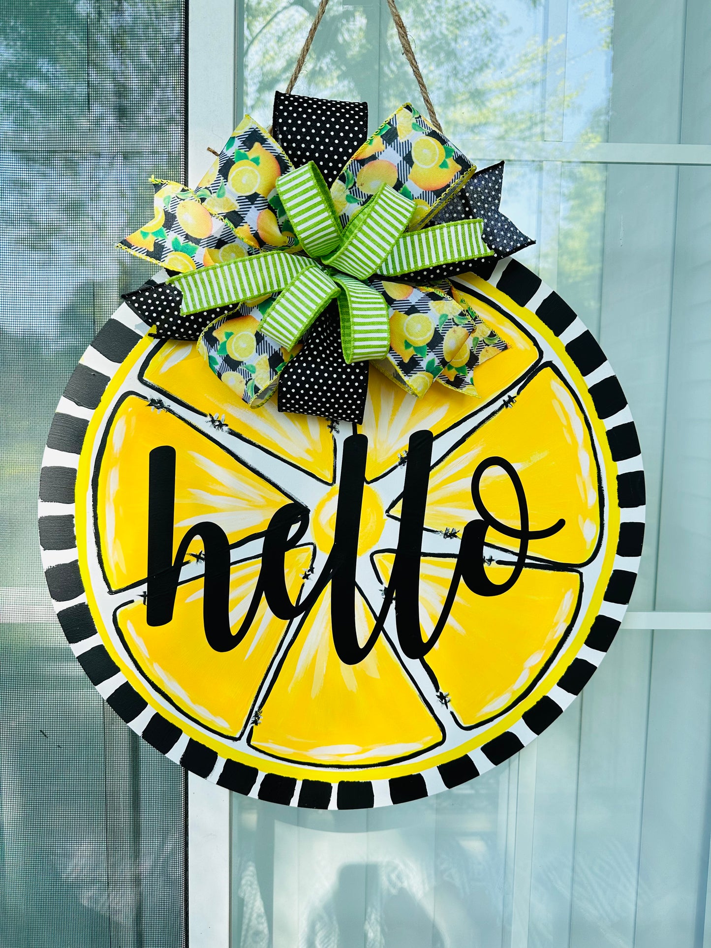 Hand Painted Hello Lemon Round Wood Sign