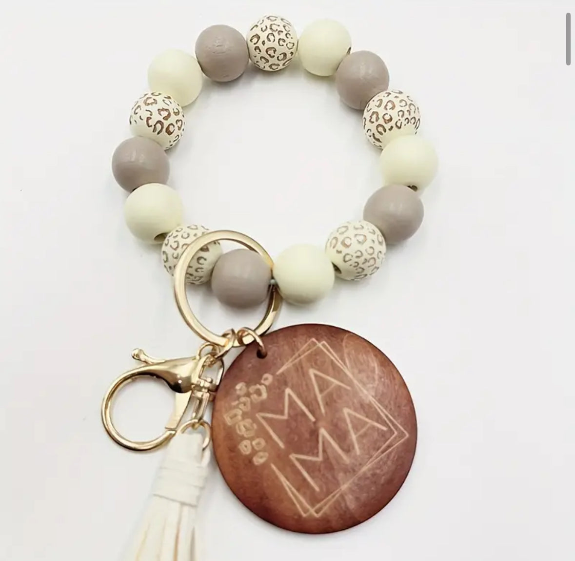 MAMA Wood Bead Wristlet Keychain - Taupe