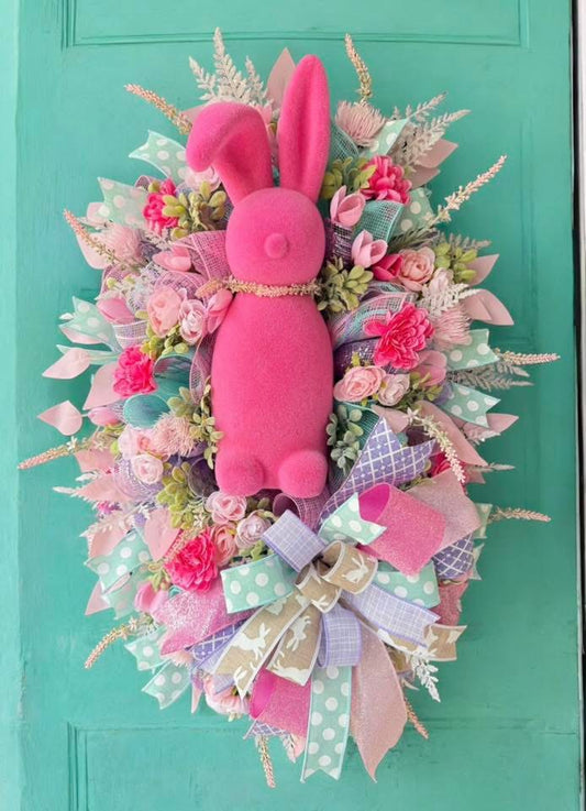 Pink Flocked Bunny Floral Wreath