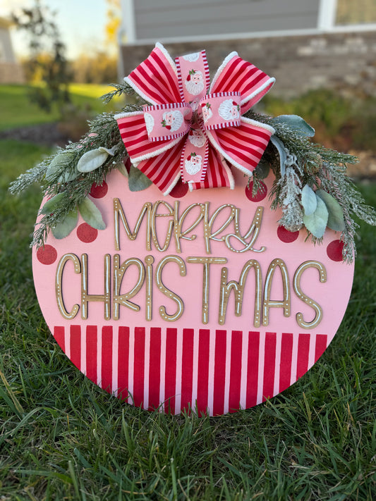 Merry Christmas Hanger - Pink Stripe/Polka Dot