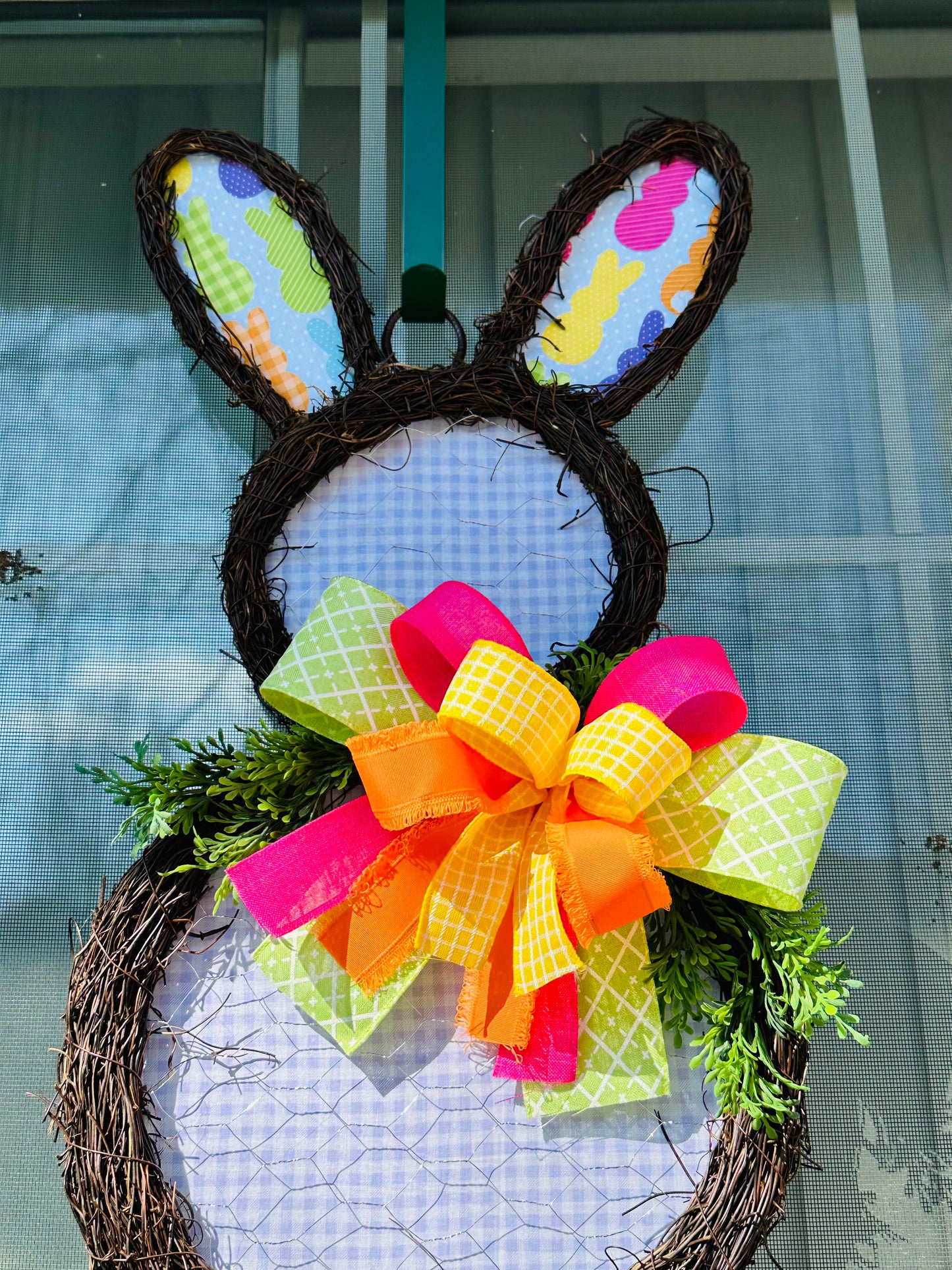 26” Colorful Gingham Bunny Silhouette Door Hanger