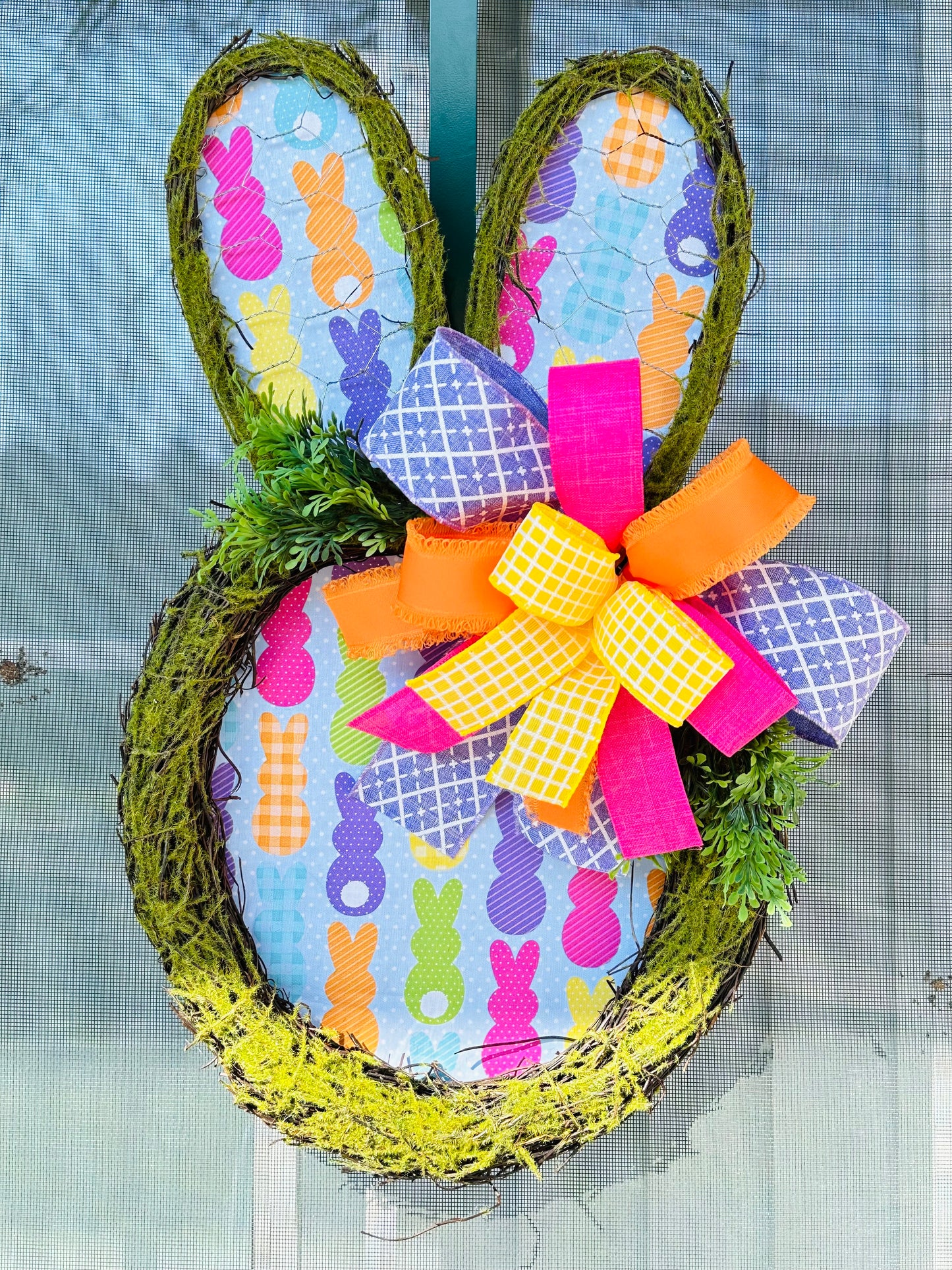 22” Colorful Bunny Head Silhouette - Moss Grapevine Door Hanger