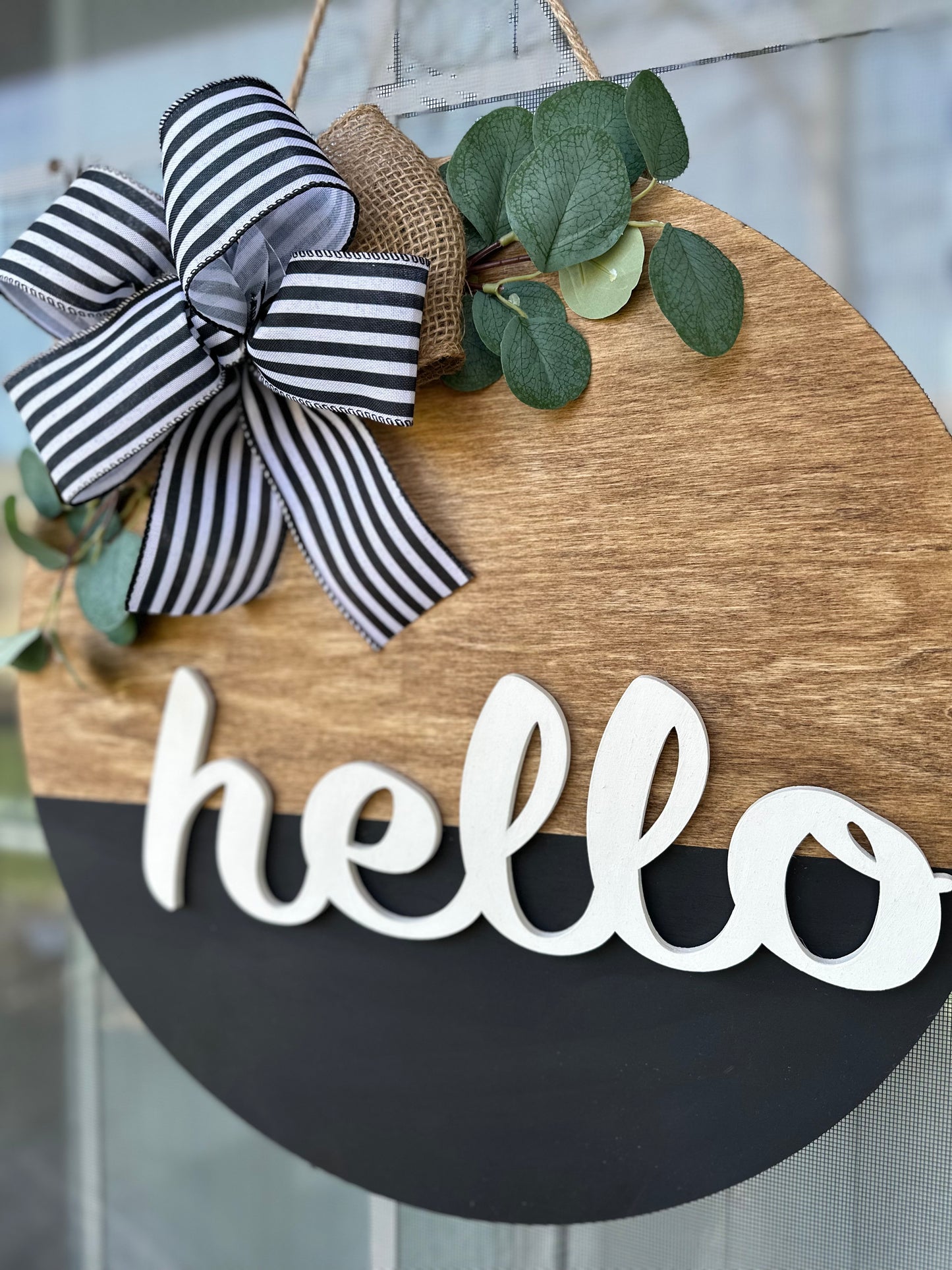 19” Hello Wood Stained Door Hanger - Striped Magnetic Bow