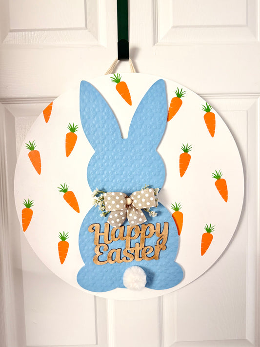 Blue Bunny & Carrot Happy Easter Door Hanger