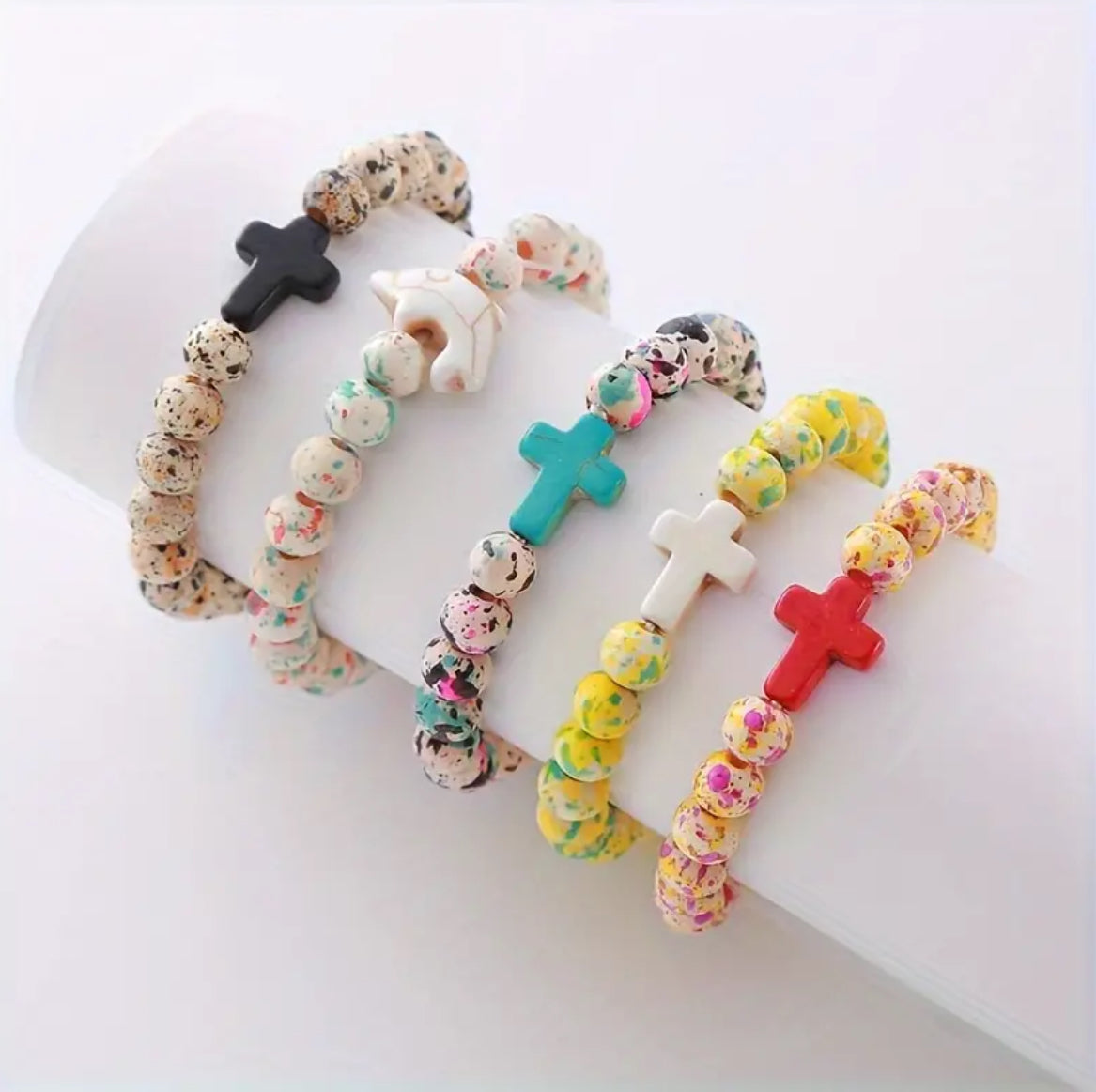 Speckled Wooden Bead Cross Bracelet