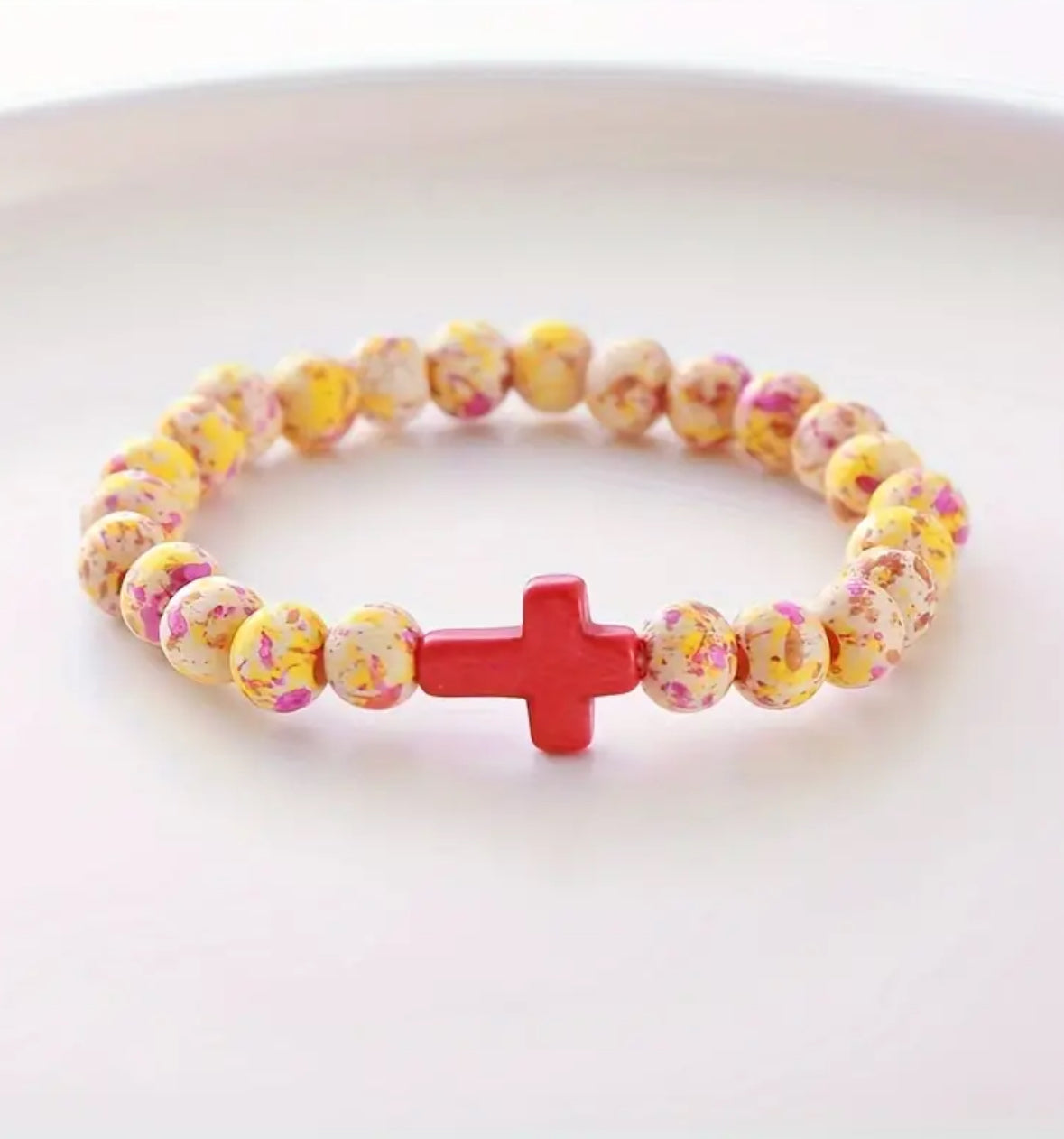 Speckled Wooden Bead Cross Bracelet