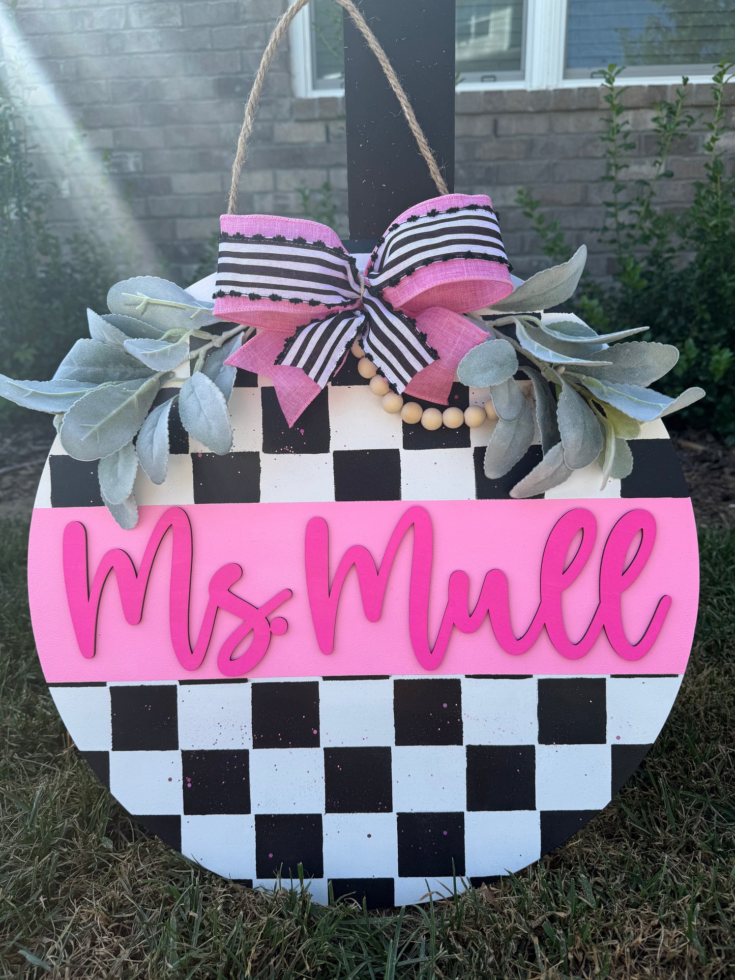 Teacher Name Pink Checkered Door Hanger