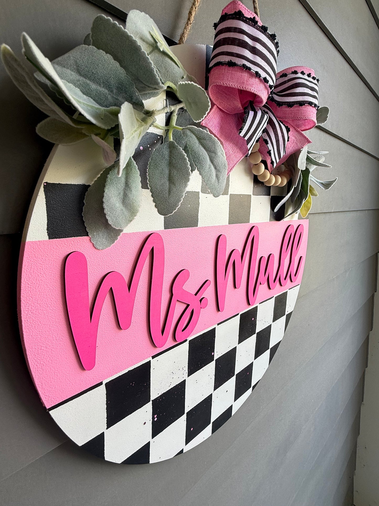 Teacher Name Pink Checkered Door Hanger