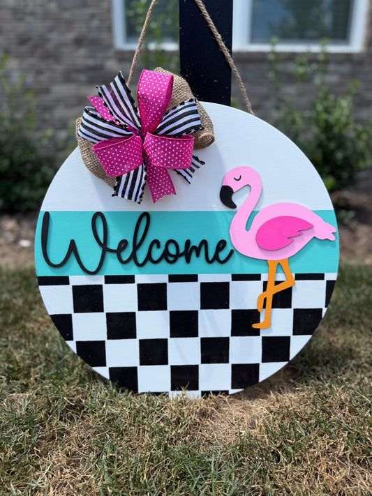 Welcome Checkered Flamingo Door Hanger
