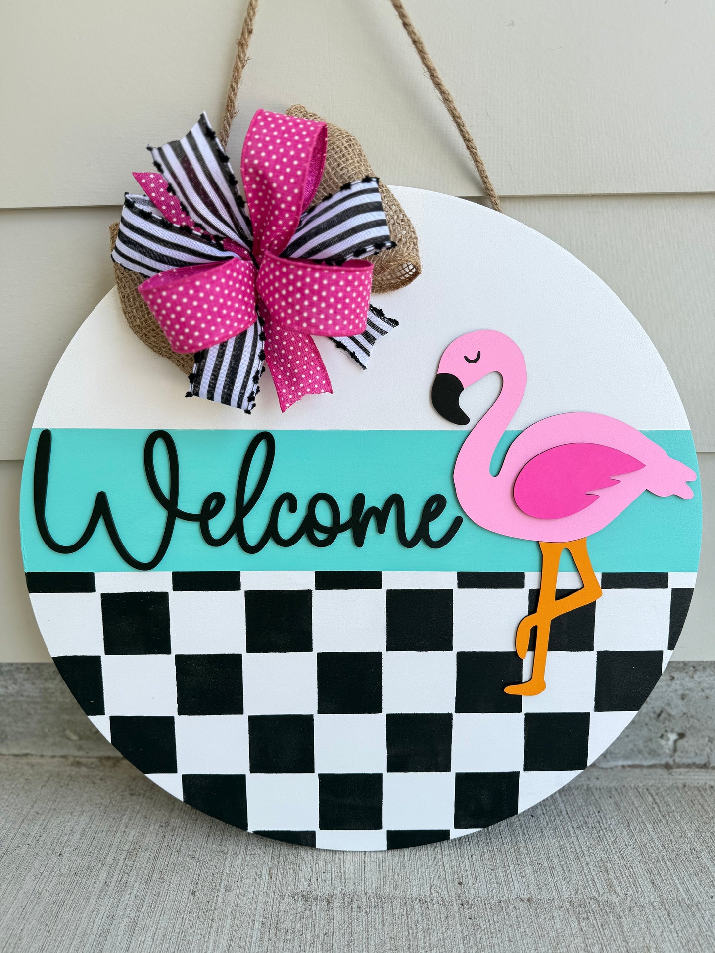 Welcome Checkered Flamingo Door Hanger