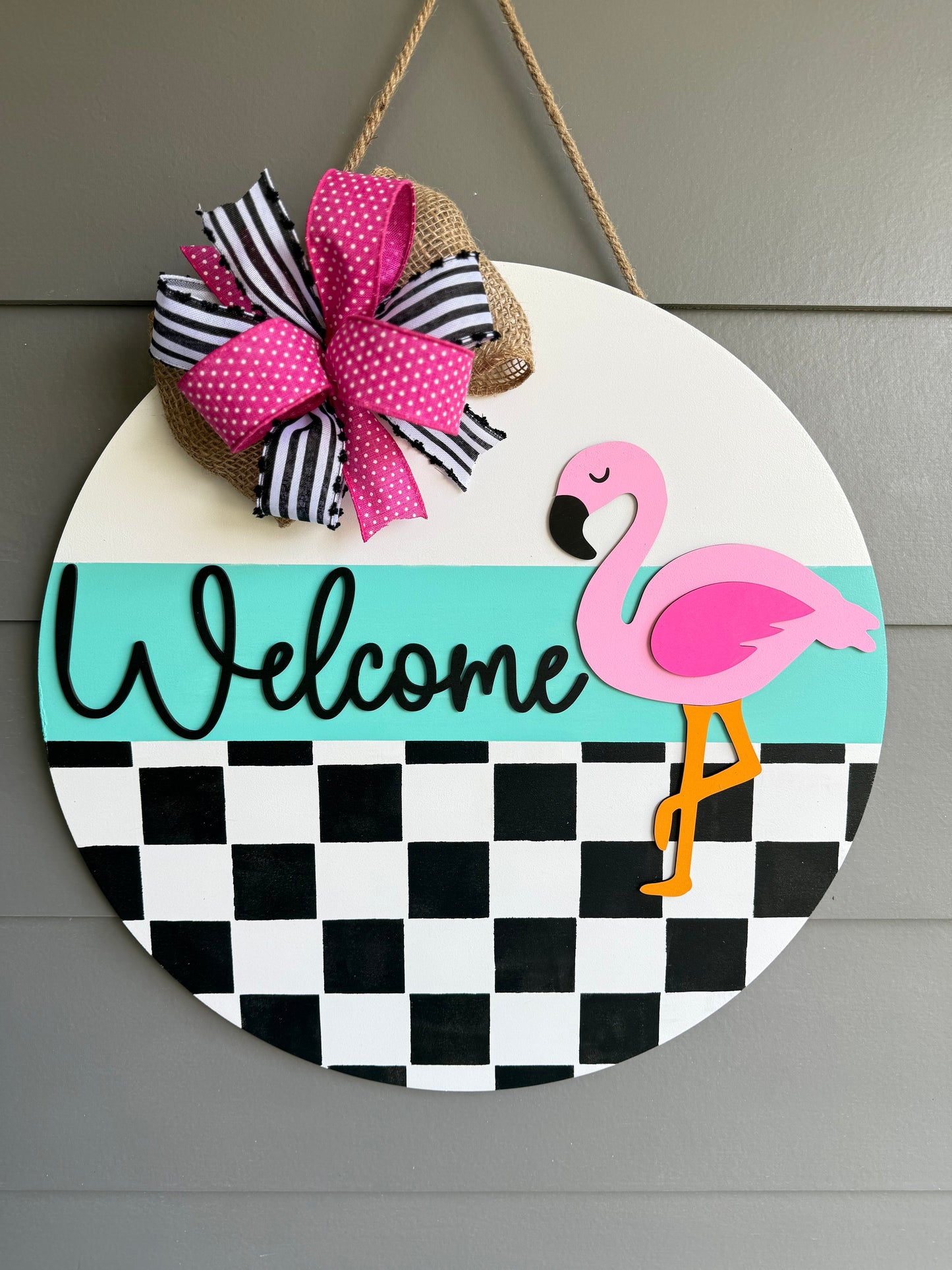 Welcome Checkered Flamingo Door Hanger