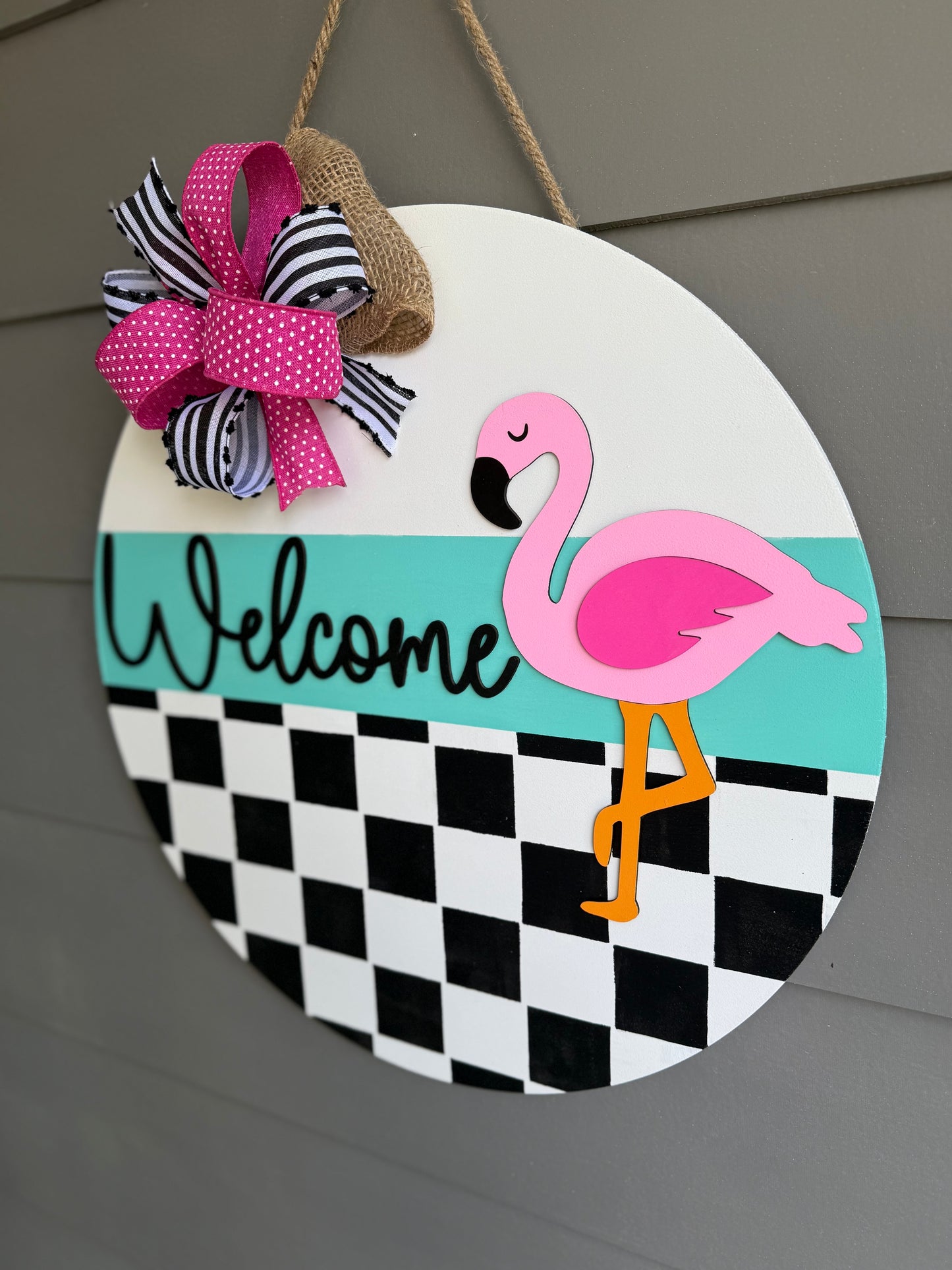 Welcome Checkered Flamingo Door Hanger