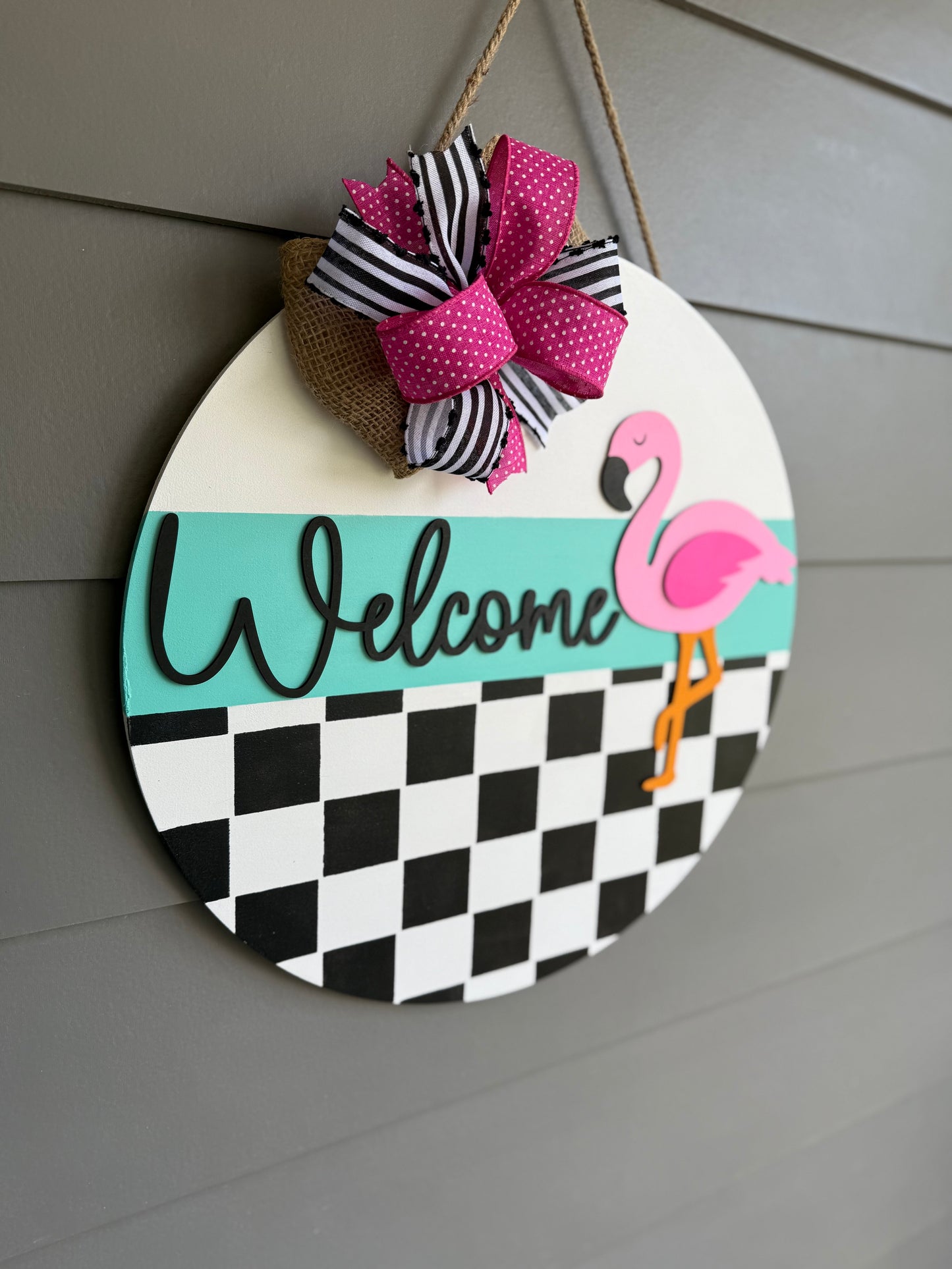 Welcome Checkered Flamingo Door Hanger