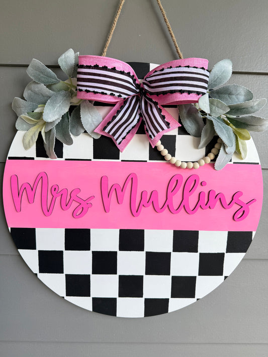 Teacher Name Pink Checkered Door Hanger