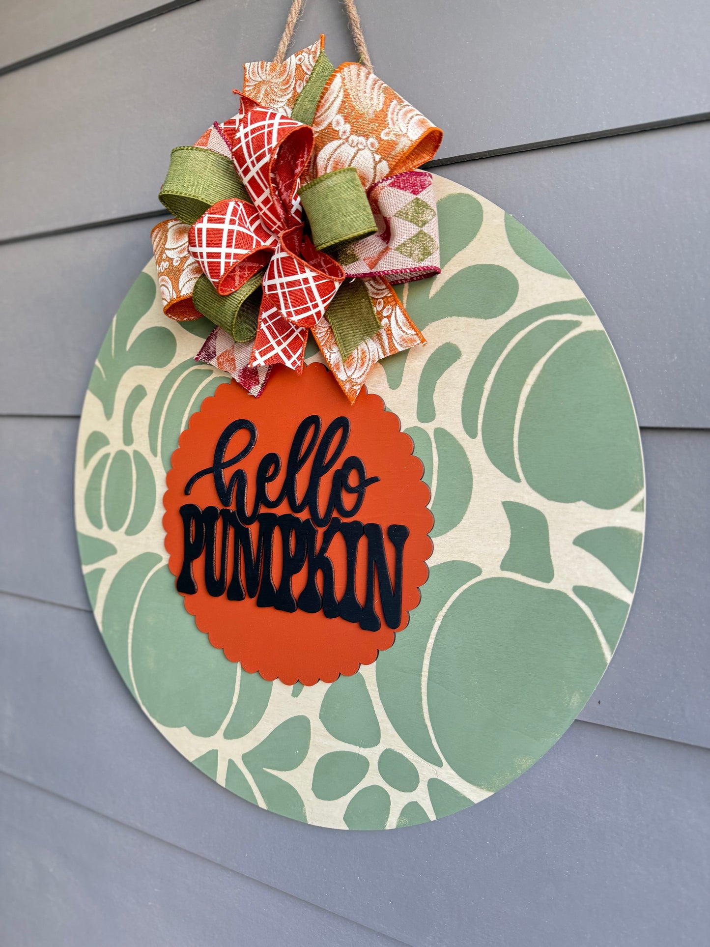 Hello Pumpkin - Green Pumpkin Stenciled Door Hanger