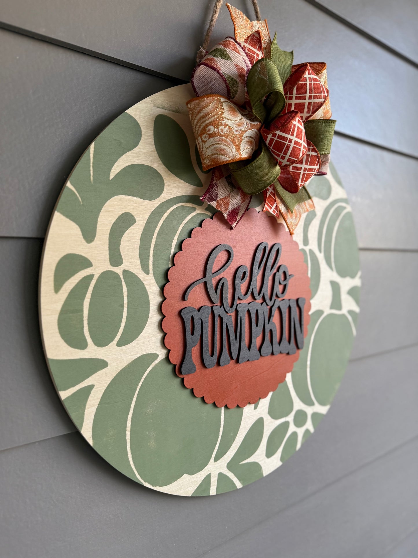 Hello Pumpkin - Green Pumpkin Stenciled Door Hanger