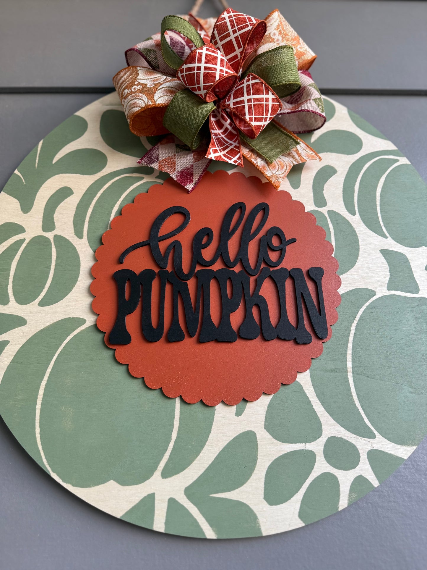 Hello Pumpkin - Green Pumpkin Stenciled Door Hanger