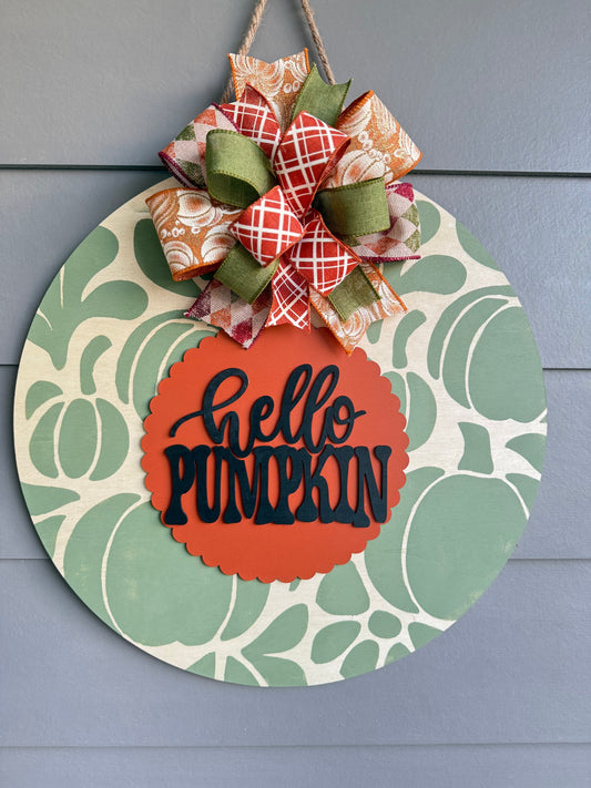 Hello Pumpkin - Green Pumpkin Stenciled Door Hanger