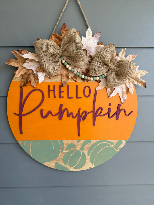 Hello Pumpkin - Green Stenciled Door Hanger